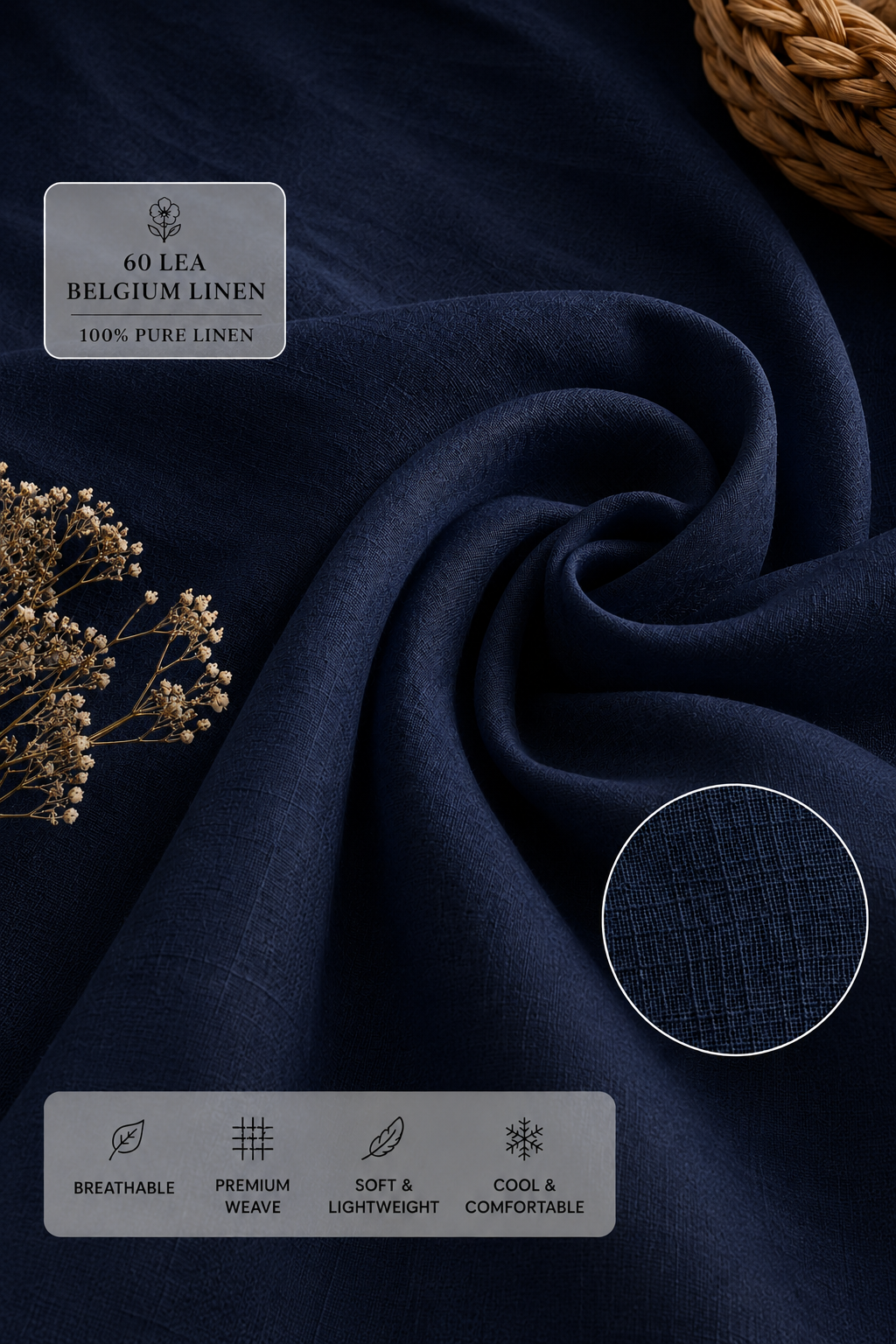 French Cuff 100% Belgium Linen Navy Fabric.