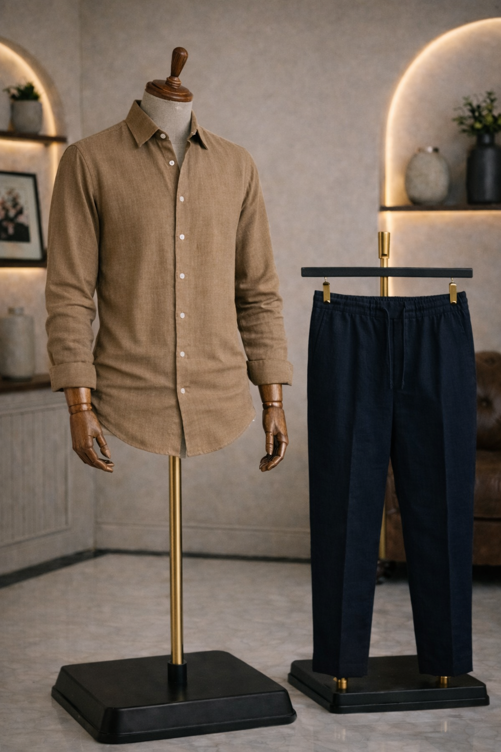 Full Sleeve Linen Pair For Men | Brown Linen Shirt with navy Linen Pant