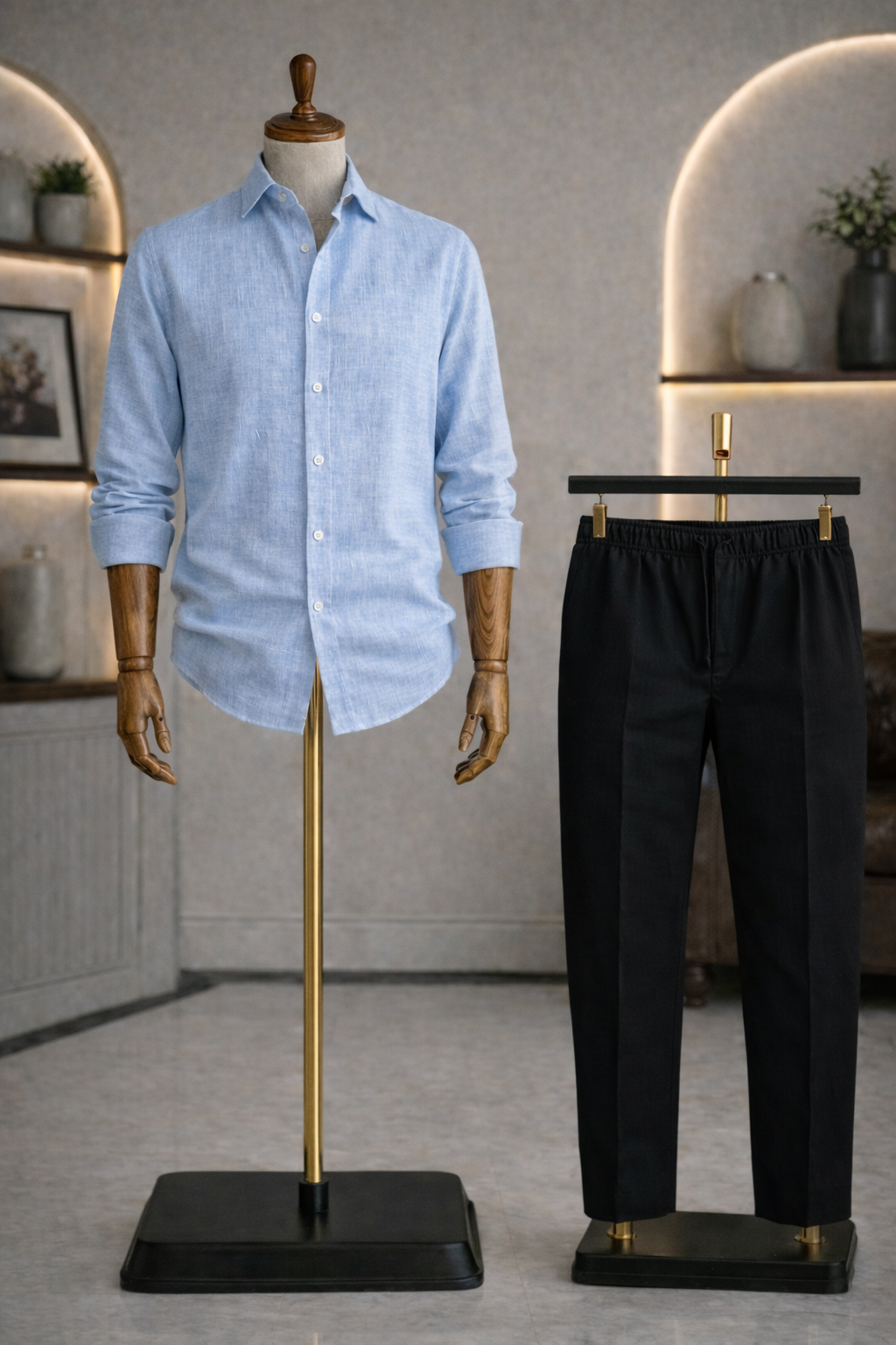 Full Sleeve Linen Pair For Men | Sky Blue Linen Shirt with Black Linen Pant