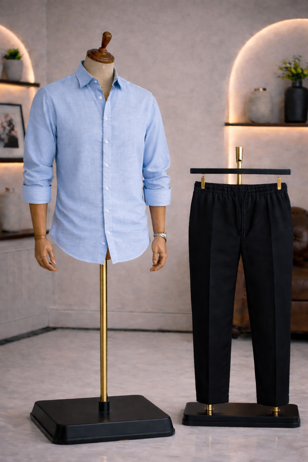 Full Sleeve Linen Pair For Men | Sky Blue Linen Shirt with Black Linen Pant