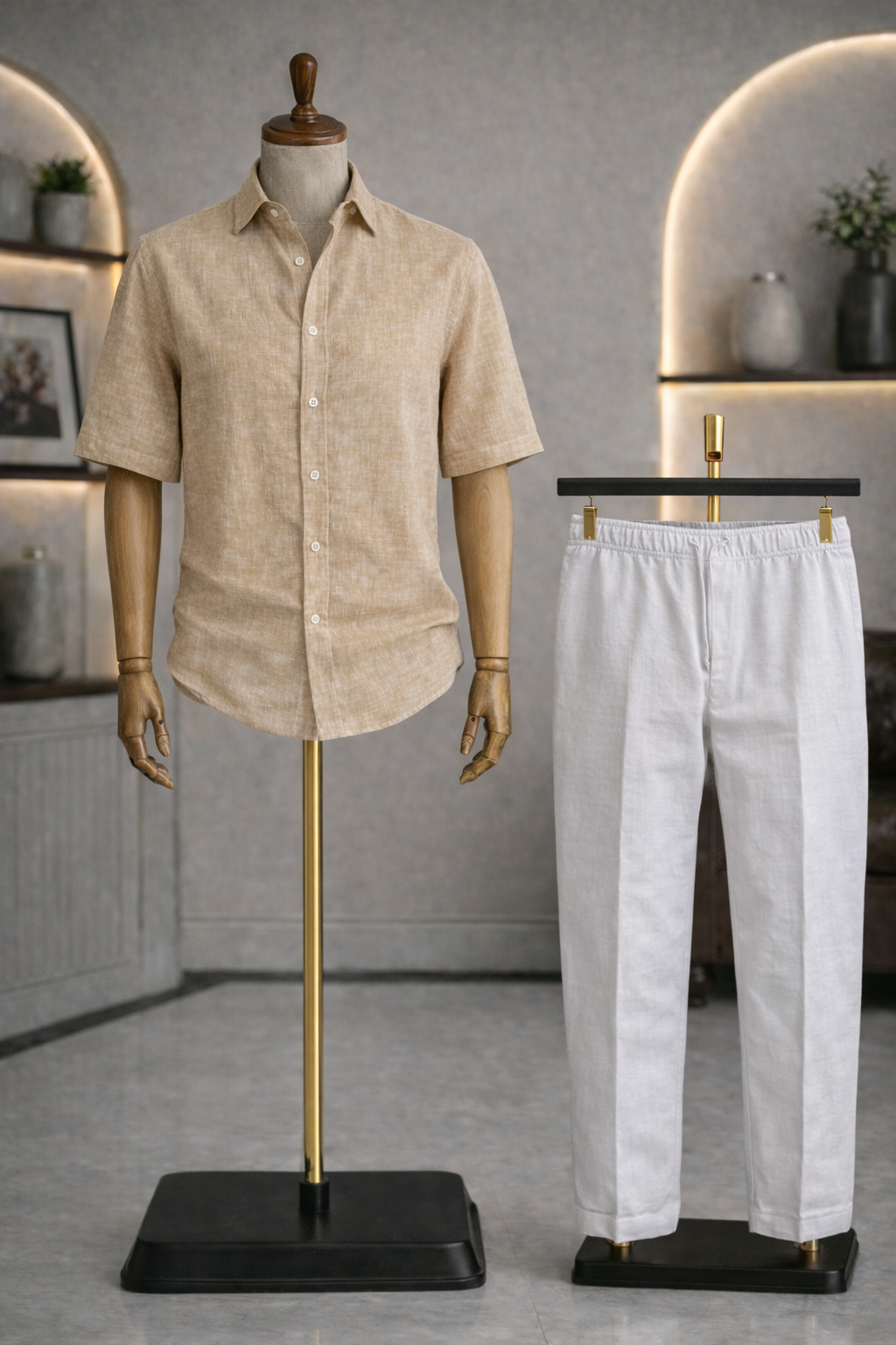 Half Sleeve Linen Pair For Men | Beige Linen Shirt with White Linen Pant by french cuff