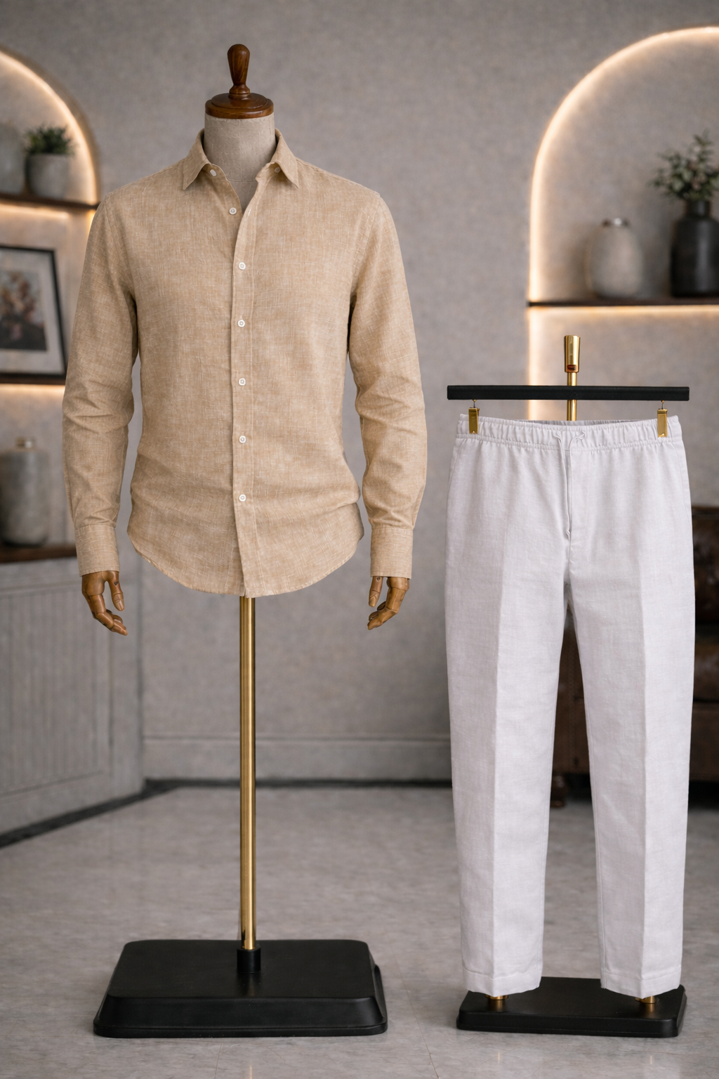 Full Sleeve Linen Pair For Men | Beige Linen Shirt with White Linen Pant