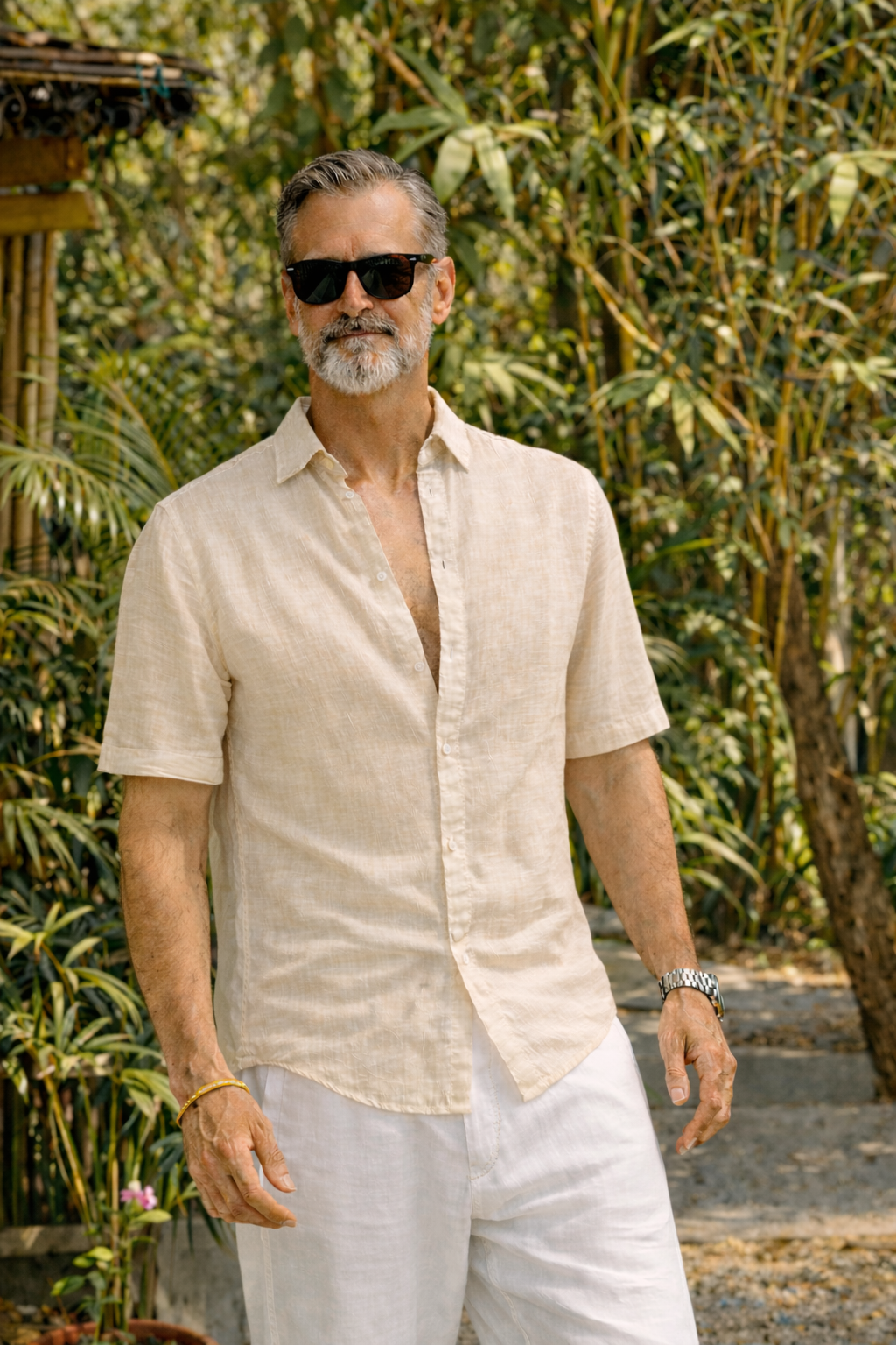 Half Sleeve Linen Pair For Men | Beige Linen Shirt with White Linen Pant by french cuff