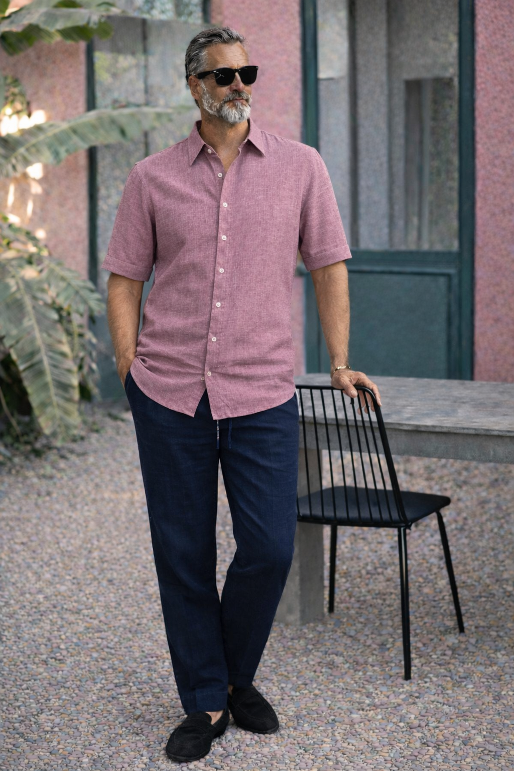 Half Sleeve Linen Pair For Men | Pink Linen Shirt with Navy Linen Pant