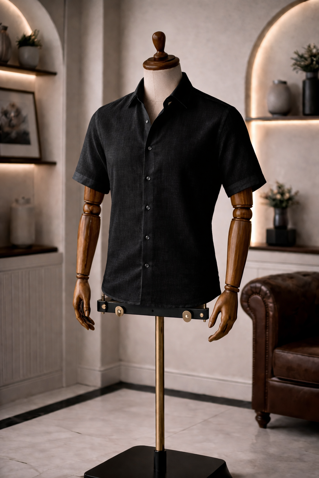 French Cuff Men's Pure Linen Black Half Sleeve Shirt | Summer Wear