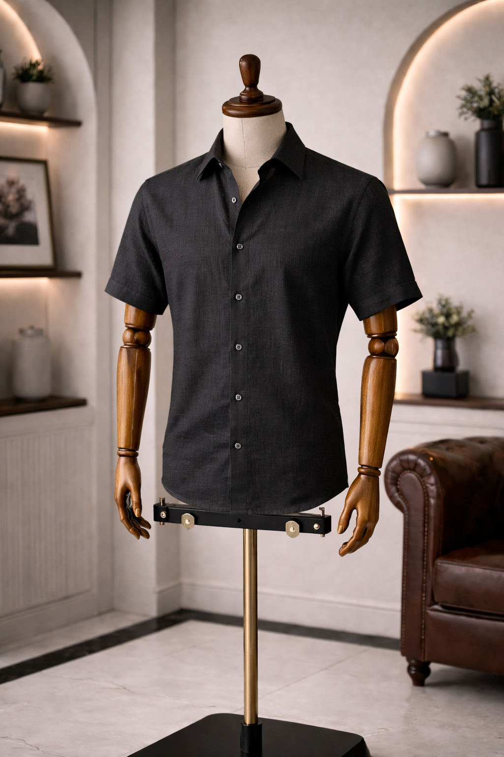 French Cuff Men's Pure Linen Black Half Sleeve Shirt | Summer Wear