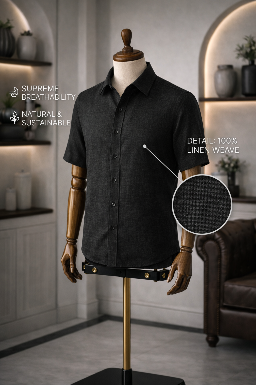Half Sleeve Men's Pure Linen Black Shirt | Summer Wear