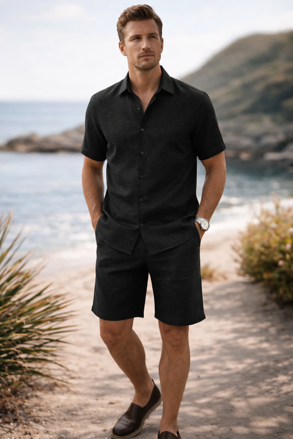 Half Sleeve Men's Pure Linen Black Shirt | Summer Wear