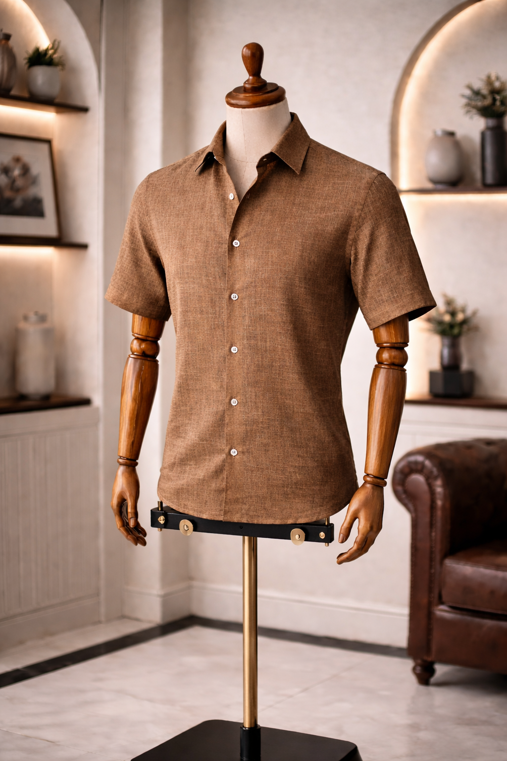 French Cuff Men's Pure Linen Brown Half Sleeve Shirt | Summer Wear