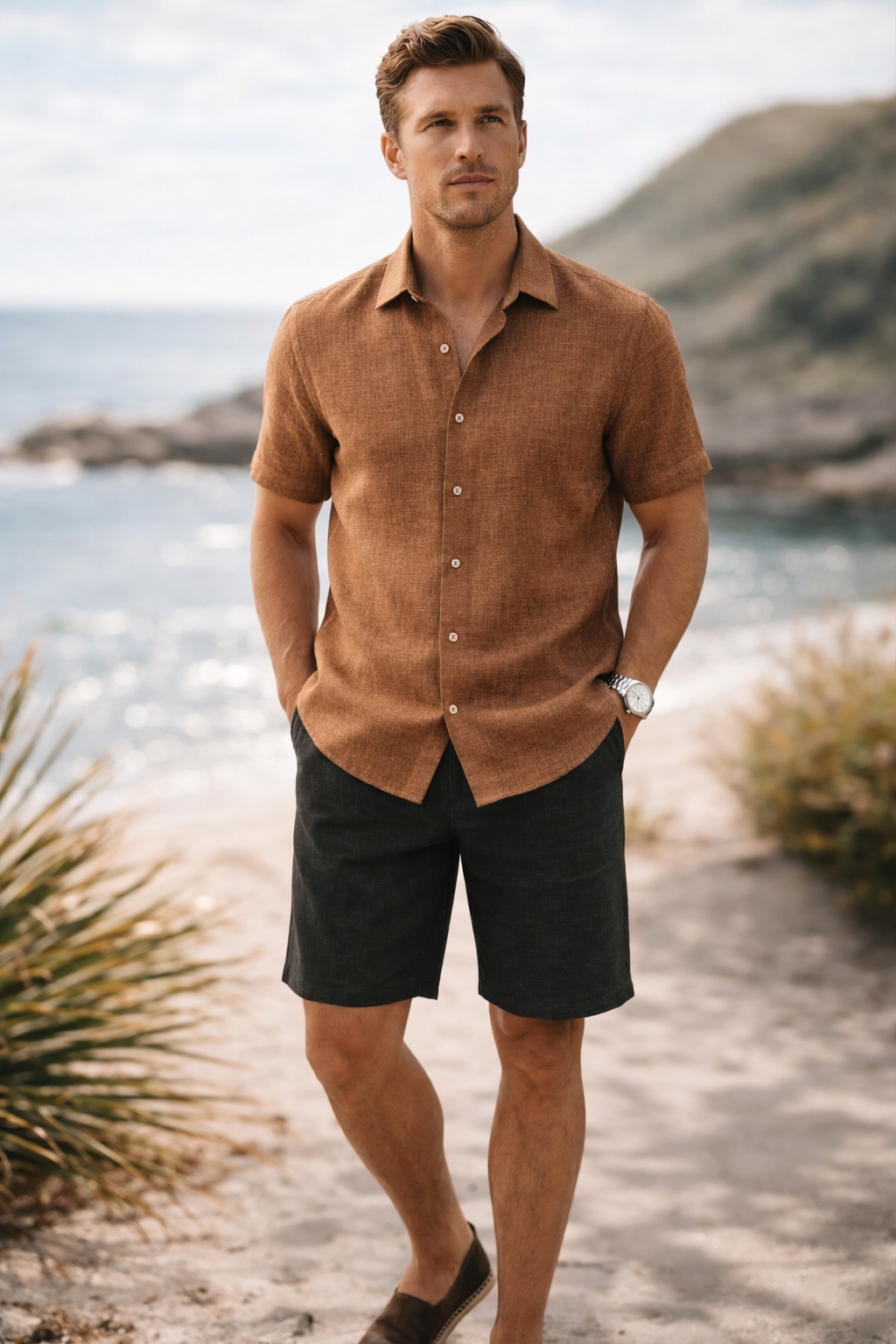 Half Sleeve Men's Pure Linen Brown Shirt | Summer Wear
