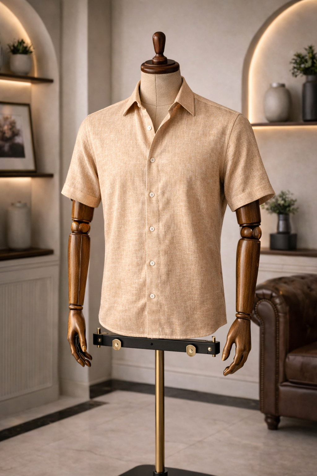 French Cuff Men's Pure Linen Khaki Half Sleeve Shirt | Summer Wear