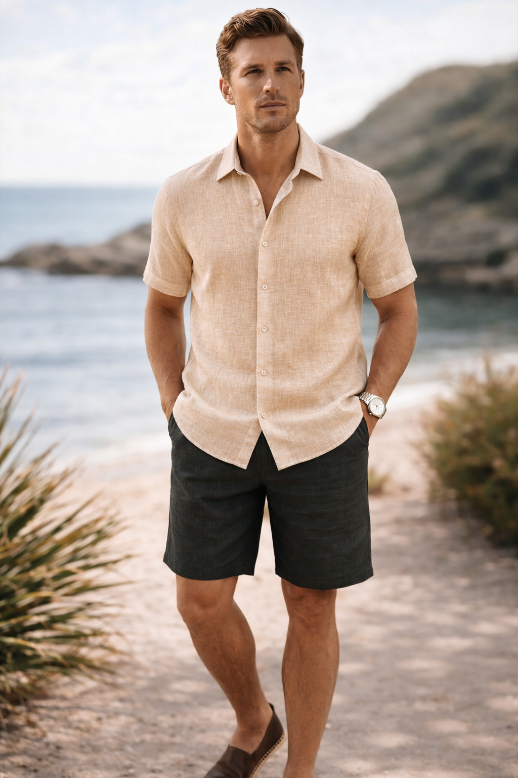 French Cuff Men's Pure Linen Khaki Half Sleeve Shirt | Summer Wear