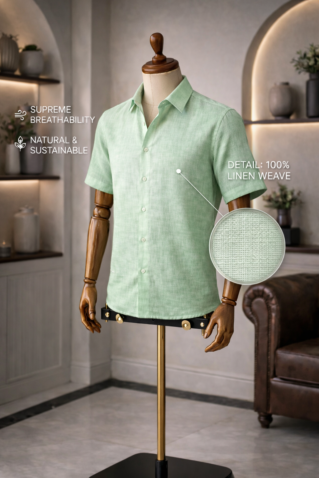 French Cuff Men's Pure Linen Mint Green Half Sleeve Shirt | Summer Wear