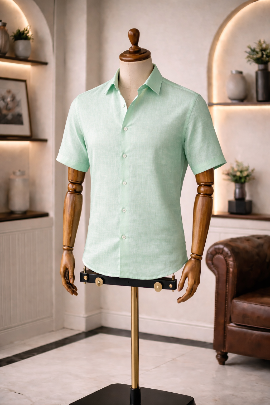 French Cuff Men's Pure Linen Mint Green Half Sleeve Shirt | Summer Wear