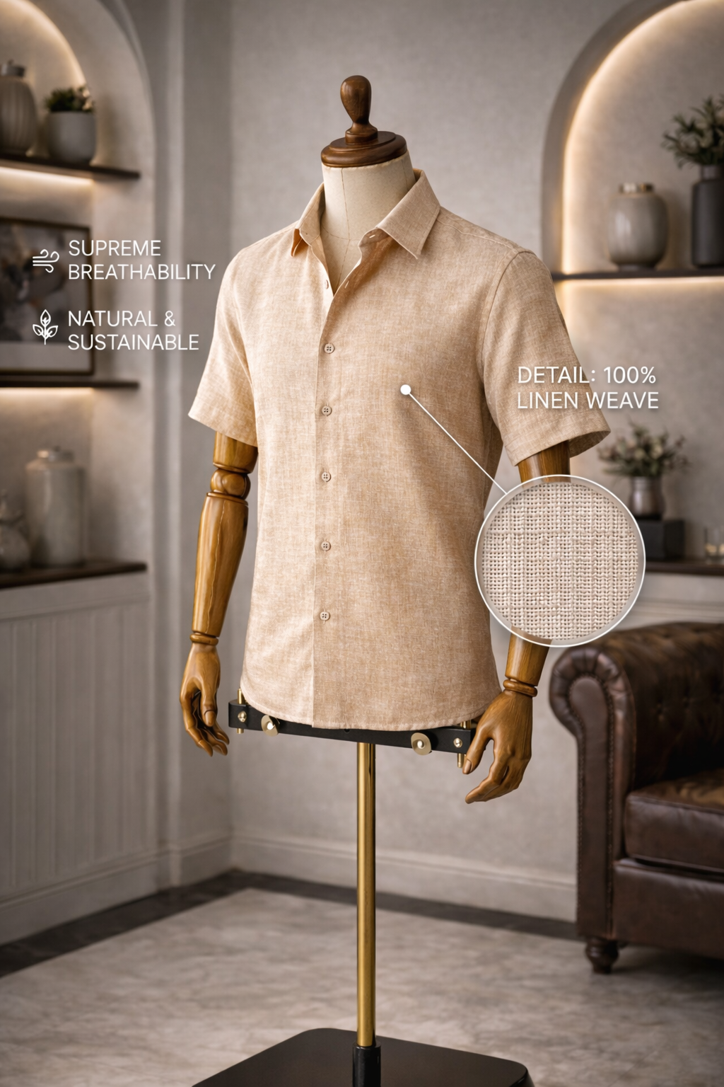 French Cuff Men's Pure Linen Khaki Half Sleeve Shirt | Summer Wear