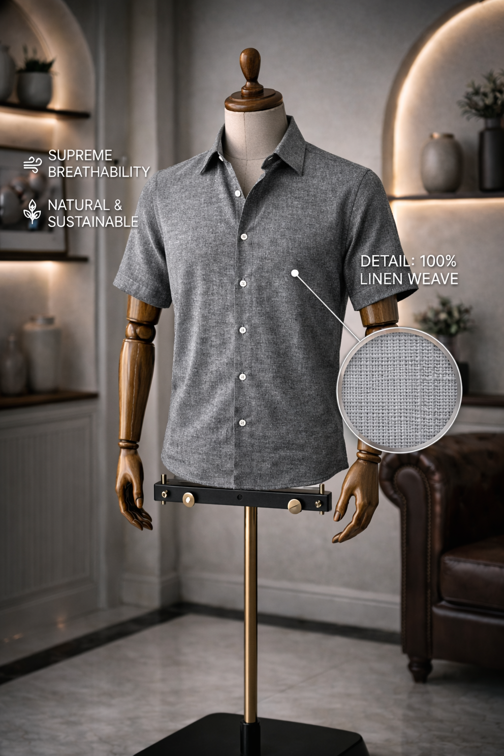 French Cuff Men's Pure Linen Dark Grey Half Sleeve Shirt | Summer Wear