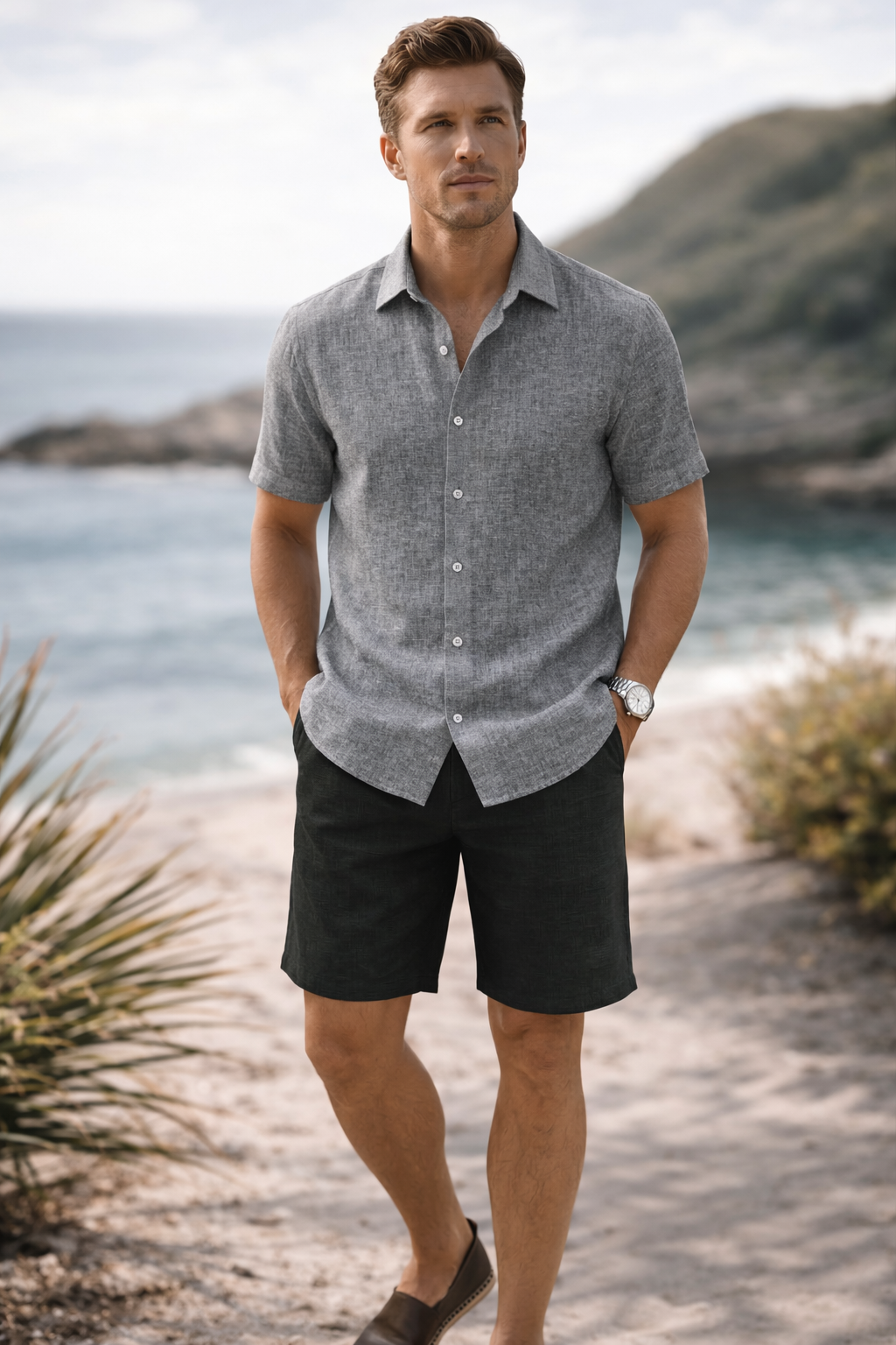 French Cuff Men's Pure Linen Dark Grey Half Sleeve Shirt | Summer Wear