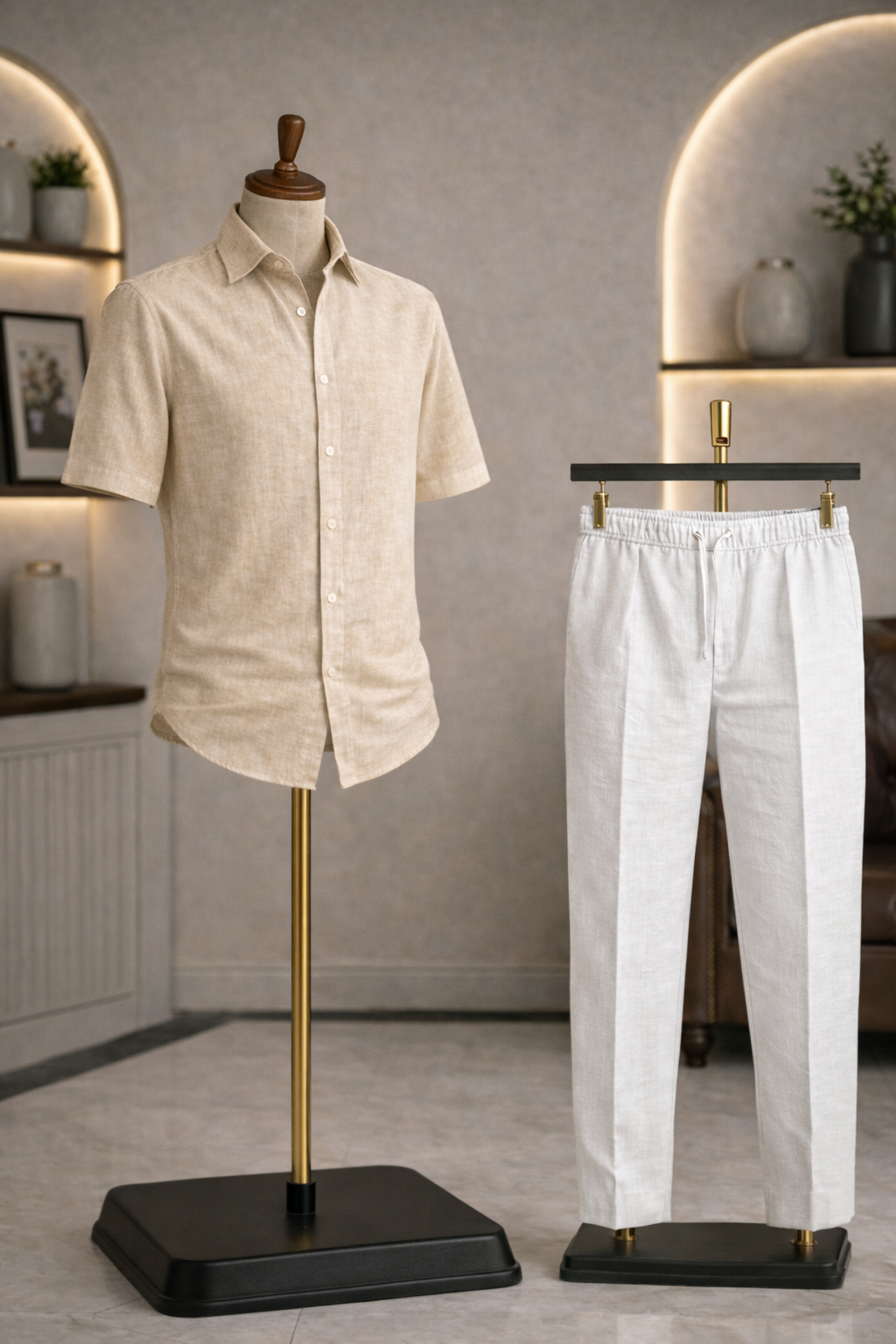 Half Sleeve Linen Pair For Men | Beige Linen Shirt with White Linen Pant by french cuff