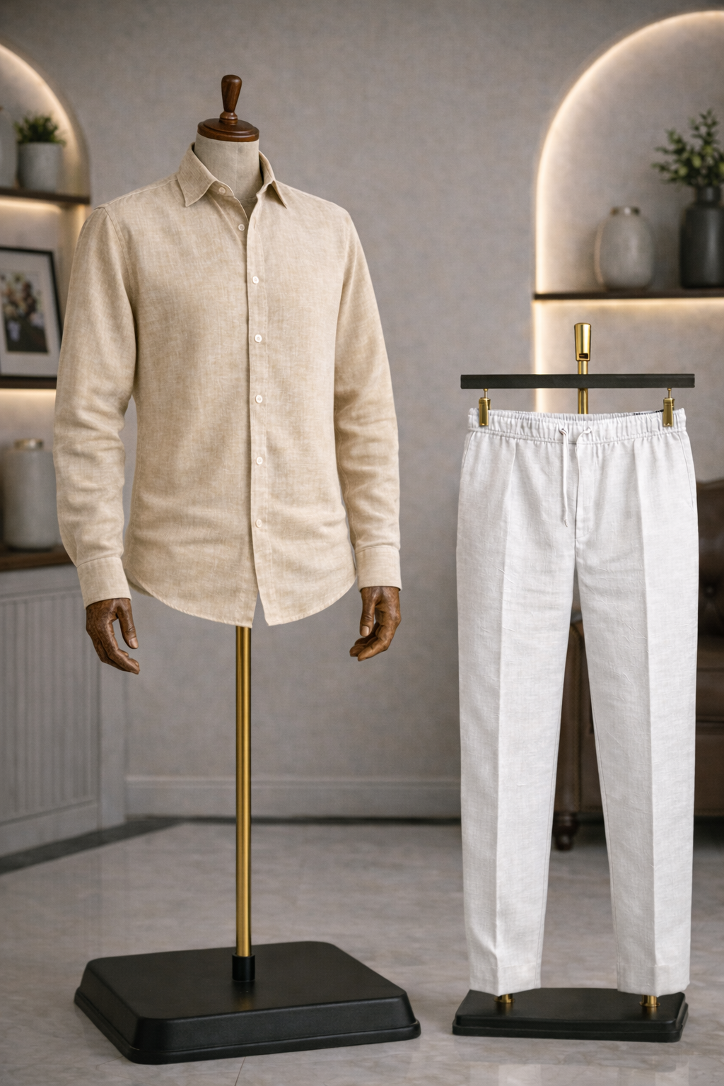Full Sleeve Linen Pair For Men | Beige Linen Shirt with White Linen Pant