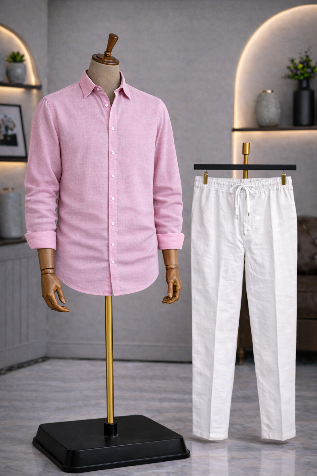 Full Sleeve Linen Pair For Men | Pink Linen Shirt with White Linen Pant