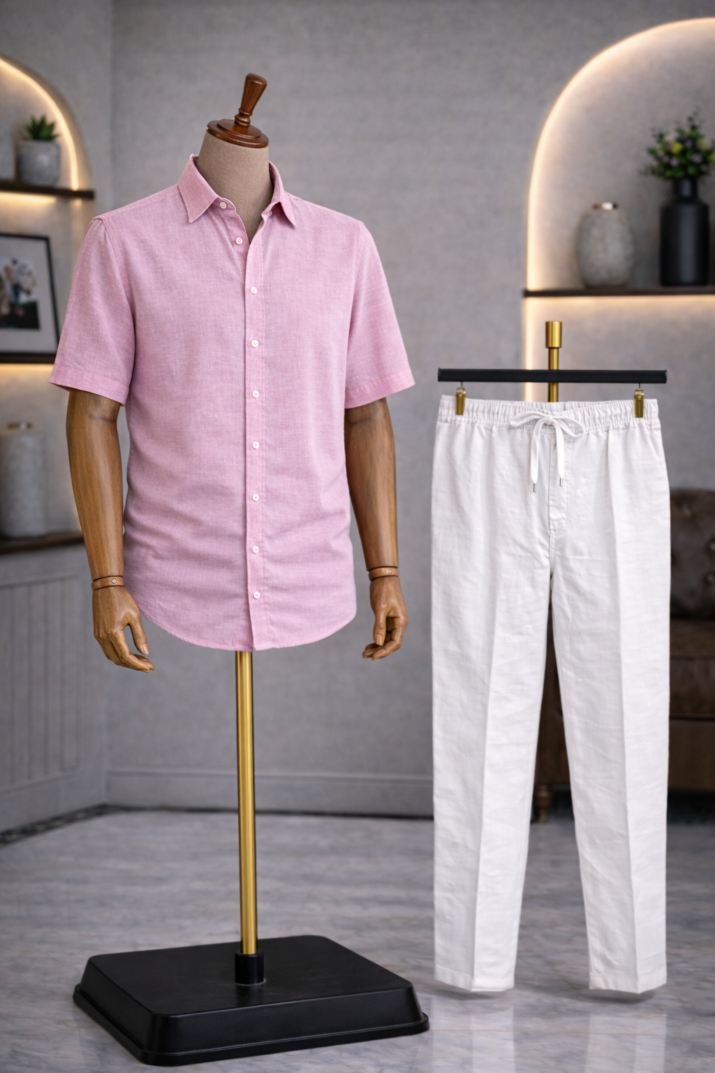 Half Sleeve Linen Pair For Men | Pink Linen Shirt with White Linen Pant by french cuff