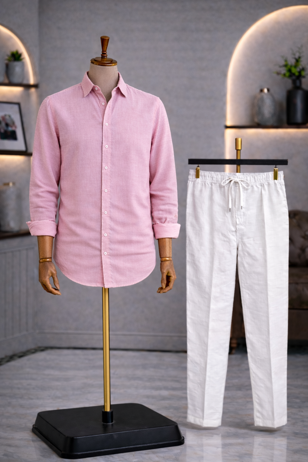 Full Sleeve Linen Pair For Men | Pink Linen Shirt with White Linen Pant