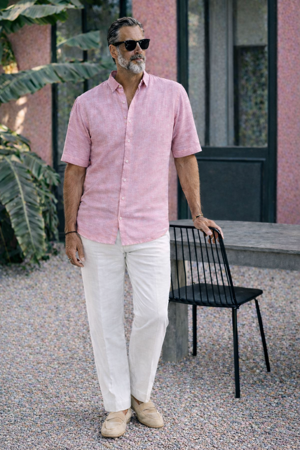 Half Sleeve Linen Pair For Men | Pink Linen Shirt with White Linen Pant by french cuff