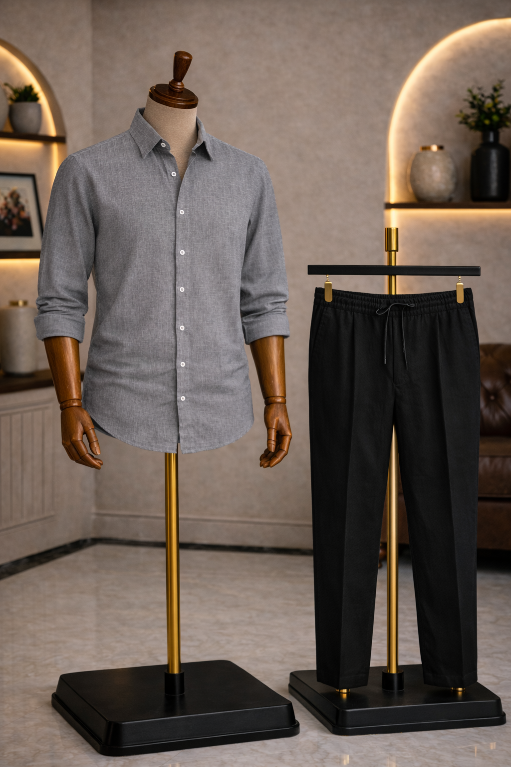 Full Sleeve Linen Pair For Men | Grey Linen Shirt with Black Linen Pant