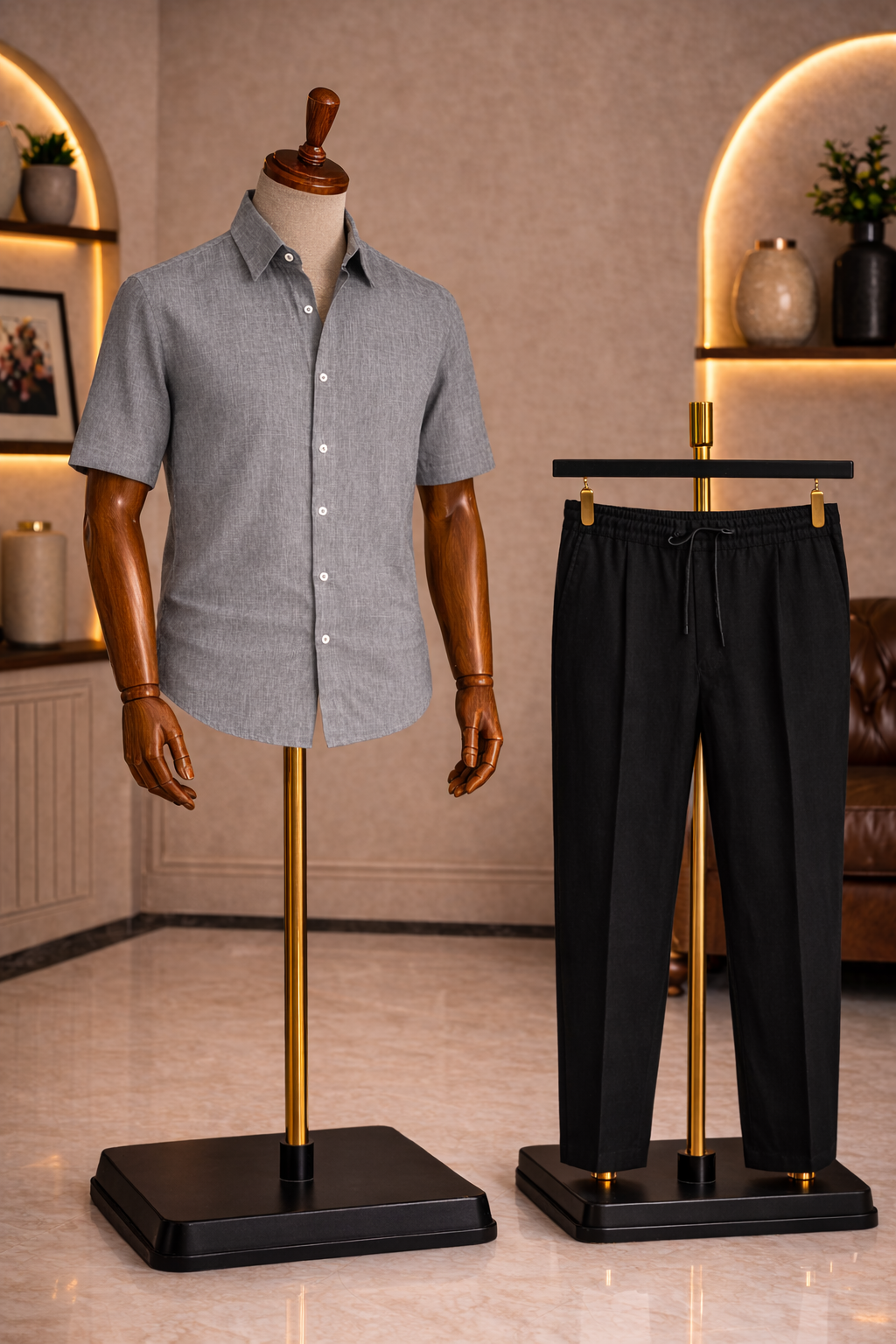 Half Sleeve Linen Pair For Men | Grey Linen Shirt with Black Linen Pant