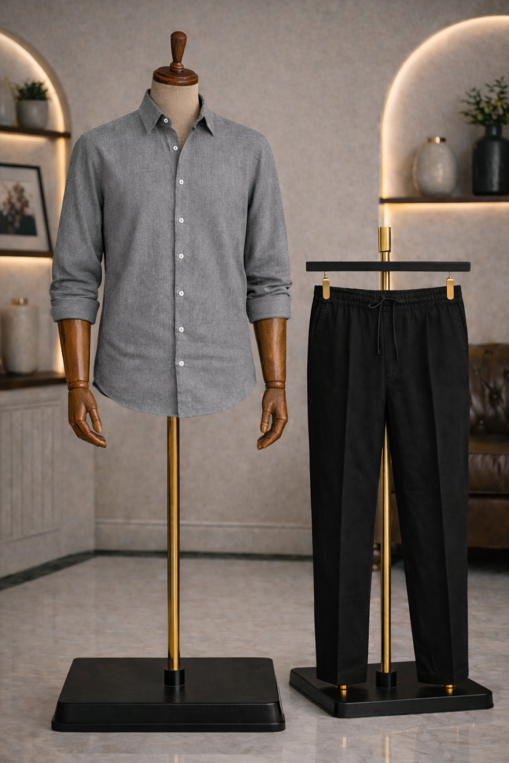 Full Sleeve Linen Pair For Men | Grey Linen Shirt with Black Linen Pant