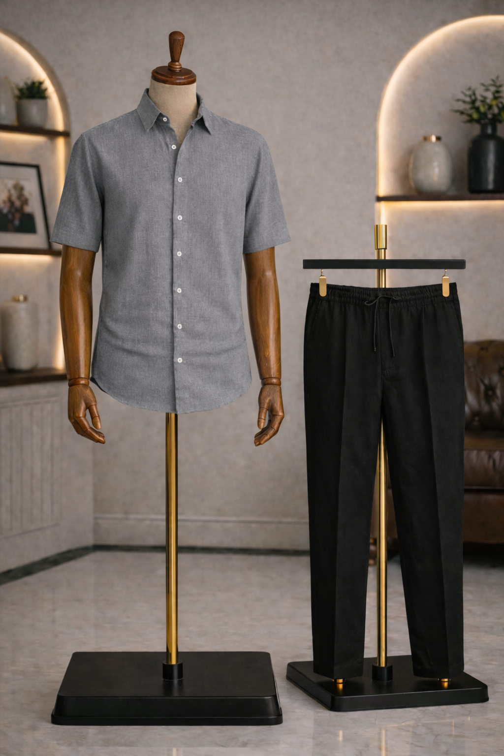 Half Sleeve Linen Pair For Men | Grey Linen Shirt with Black Linen Pant