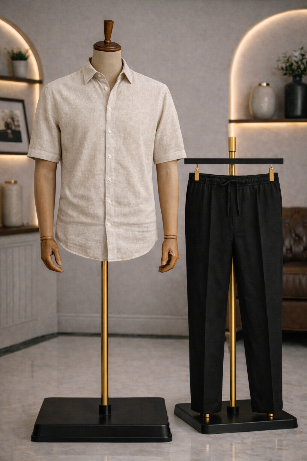 Half Sleeve Linen Pair For Men | Beige Linen Shirt with Black Pant