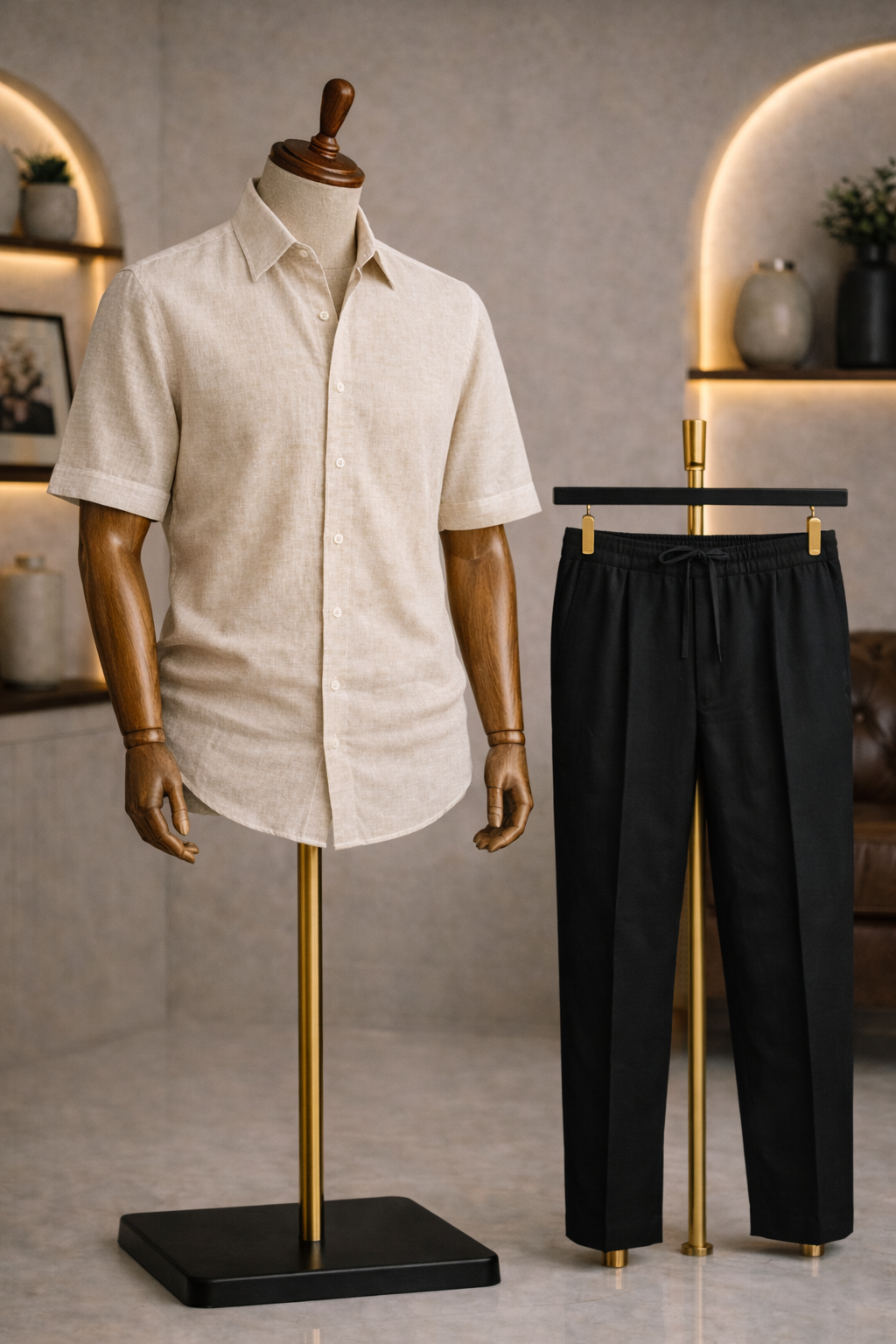 Half Sleeve Linen Pair For Men | Beige Linen Shirt with Black Pant