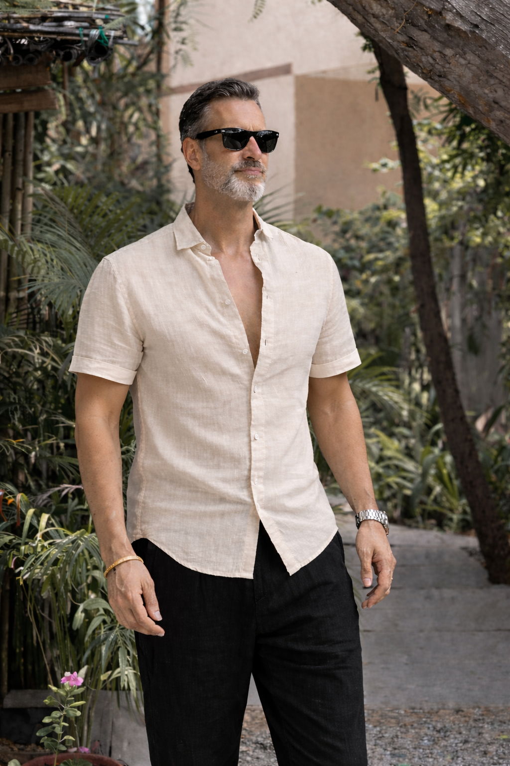 Half Sleeve Linen Pair For Men | Beige Linen Shirt with Black Pant