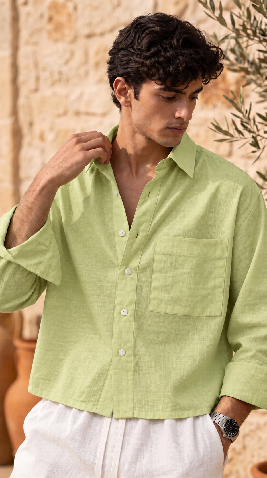 Full Sleeve Olive Green Boxy Fit Pure Belgium Linen Crop Shirt