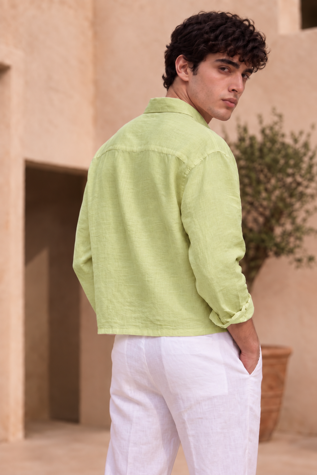 Full Sleeve Olive Green Boxy Fit Pure Belgium Linen Crop Shirt