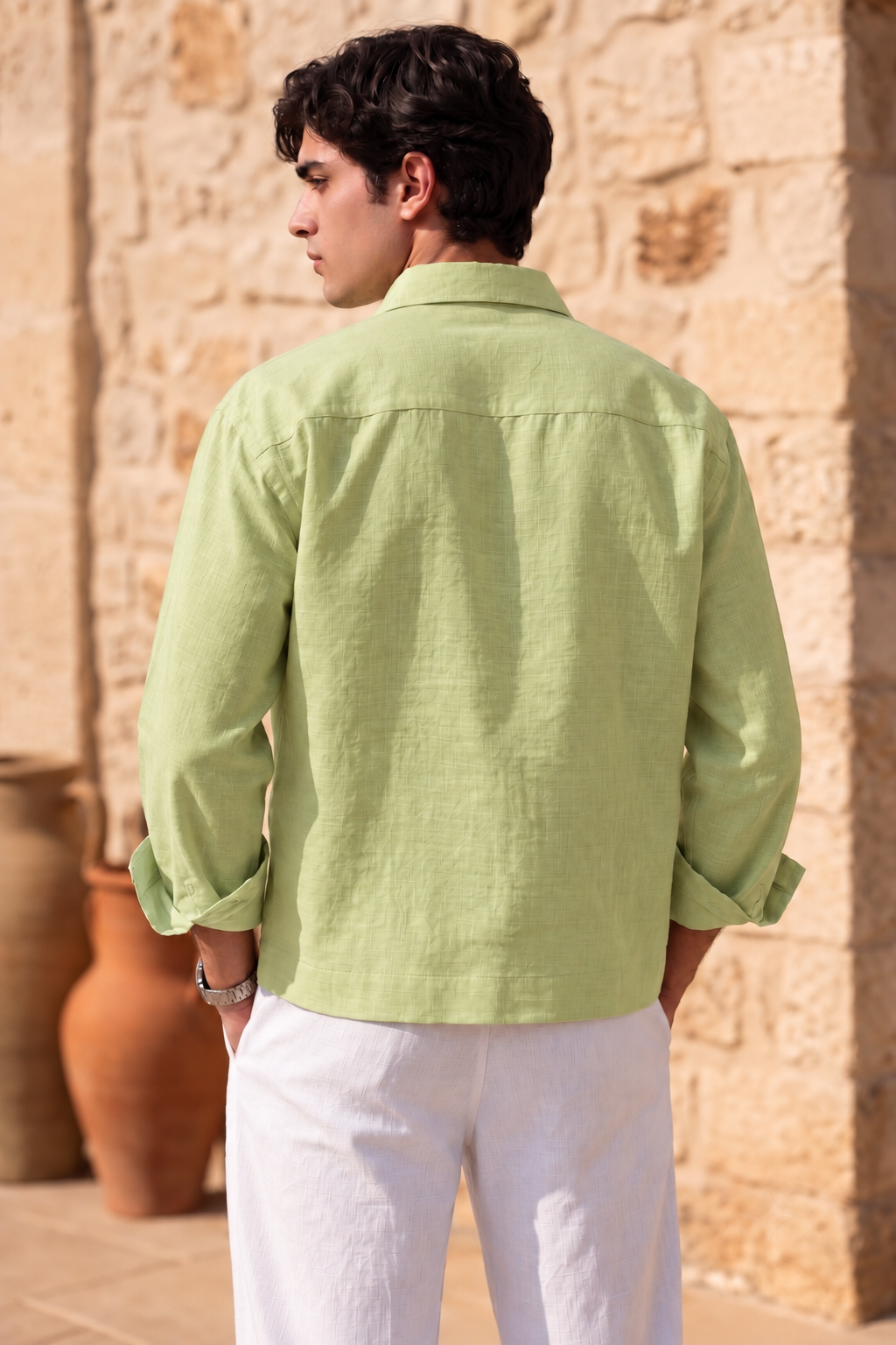 Full Sleeve Olive Green Boxy Fit Pure Belgium Linen Crop Shirt