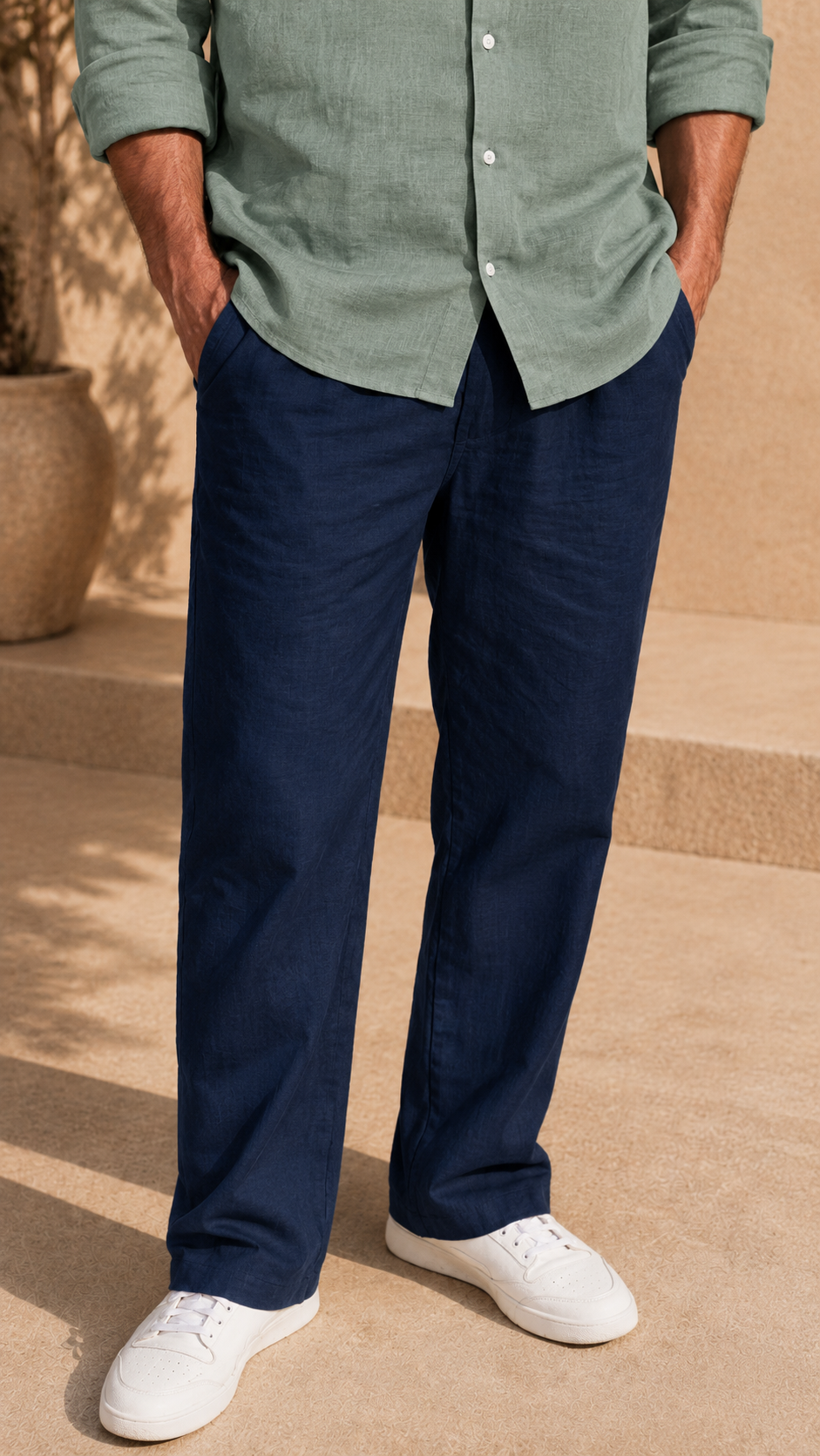 Full Sleeve Belgium Linen Pair For Men | Minty Green Shirt with Navy Pant by frenchcuff