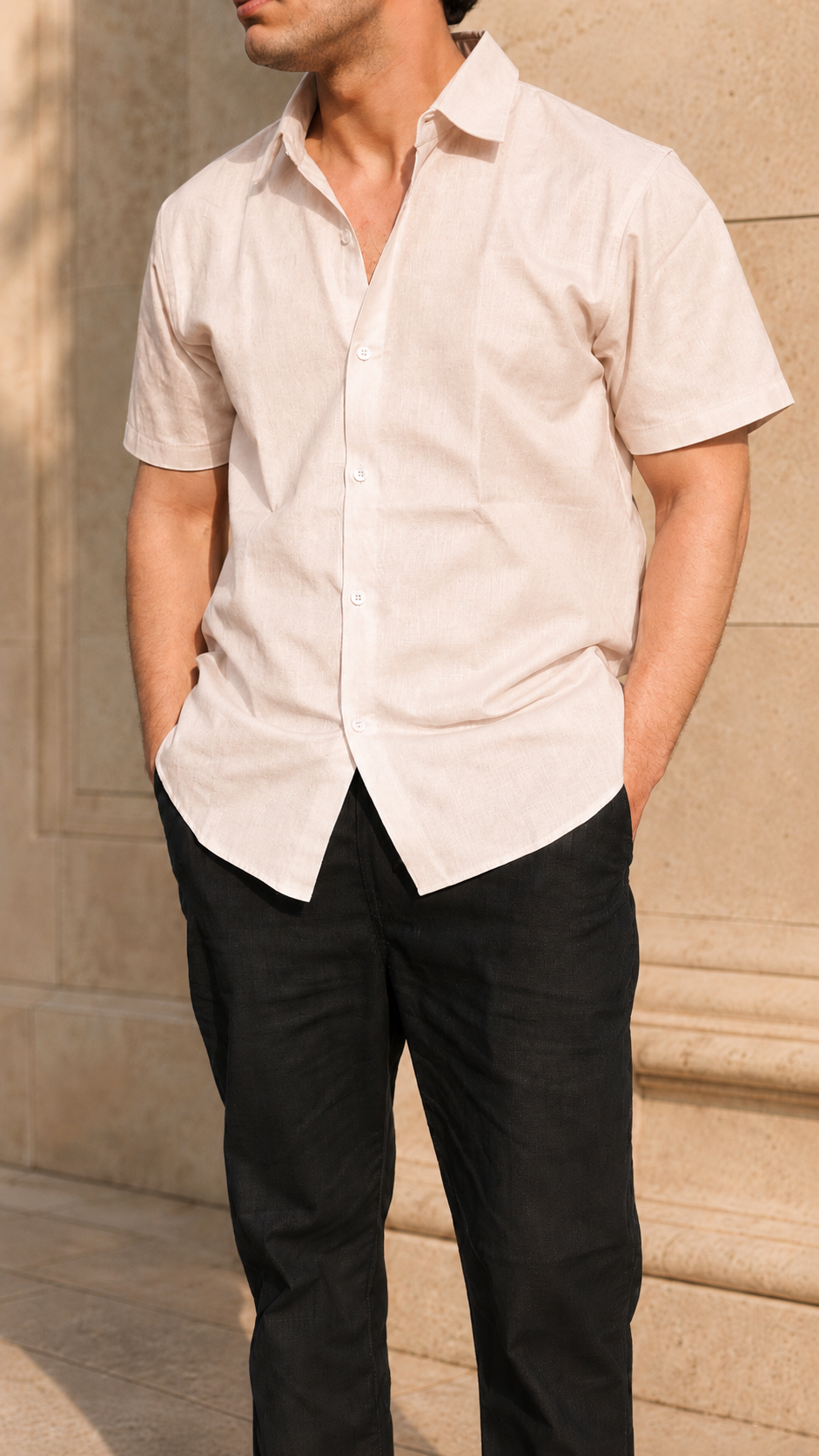 Half Sleeve Belgium Linen Pair For Men | Beige Linen Shirt with Black Linen Pant by frenchcuff