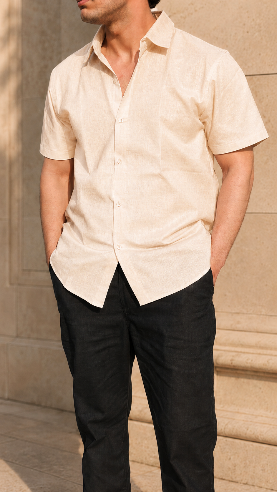 Half Sleeve Belgium Linen Pair For Men | Khaki Shirt with Black Linen Pant by frenchcuff