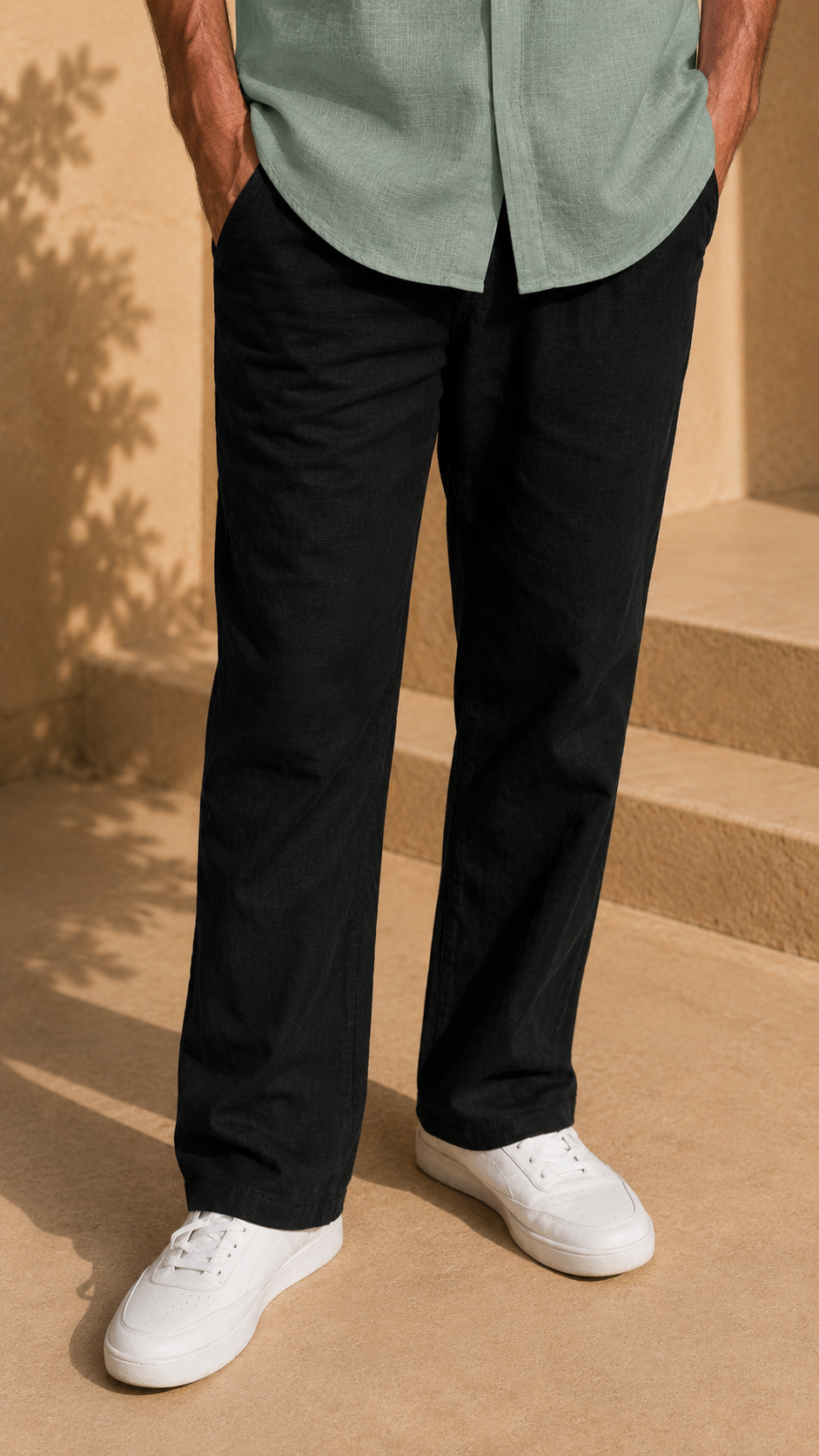 Half Sleeve Belgium Linen Pair For Men | Minty Green Shirt with Black Linen Pant by frenchcuff