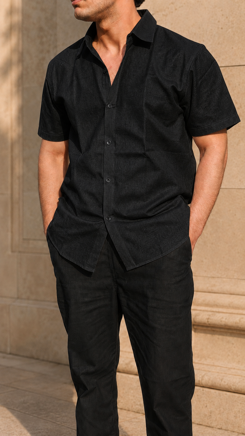 Half Sleeve Belgium Linen Pair For Men | Black Linen Shirt with Black Linen Pant by frenchcuff