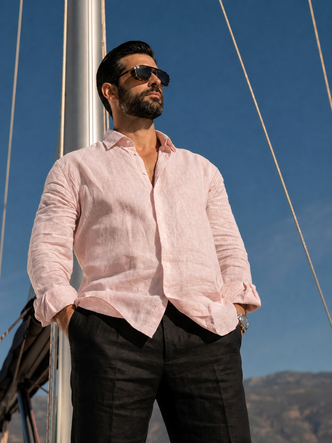 Full Sleeve Linen Pair For Men | Powder Pink Linen Shirt with Black Linen Pant by french cuff
