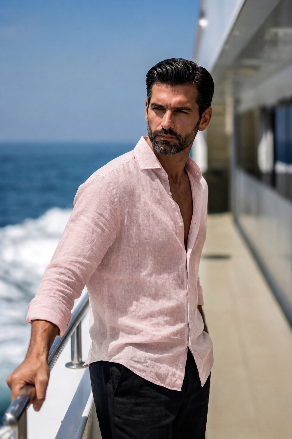 Full Sleeve Linen Pair For Men | Powder Pink Linen Shirt with Black Linen Pant by french cuff