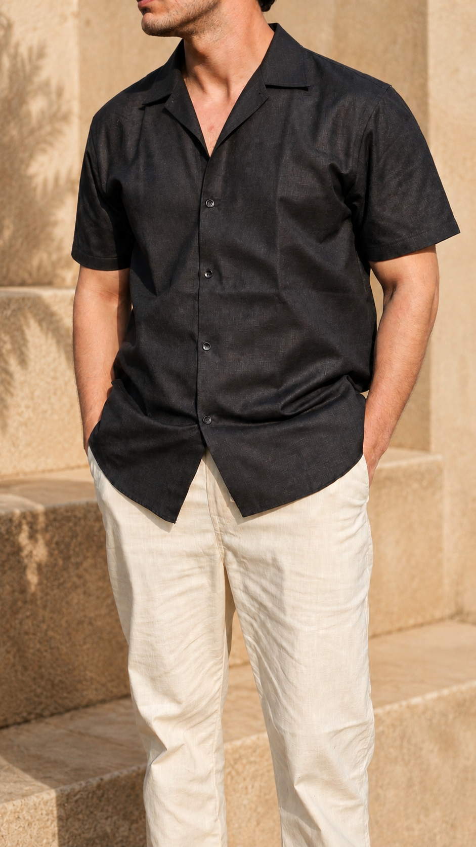 Cuban Collar Half Sleeve Men's Belgium Linen Black Shirt | Summer Wear