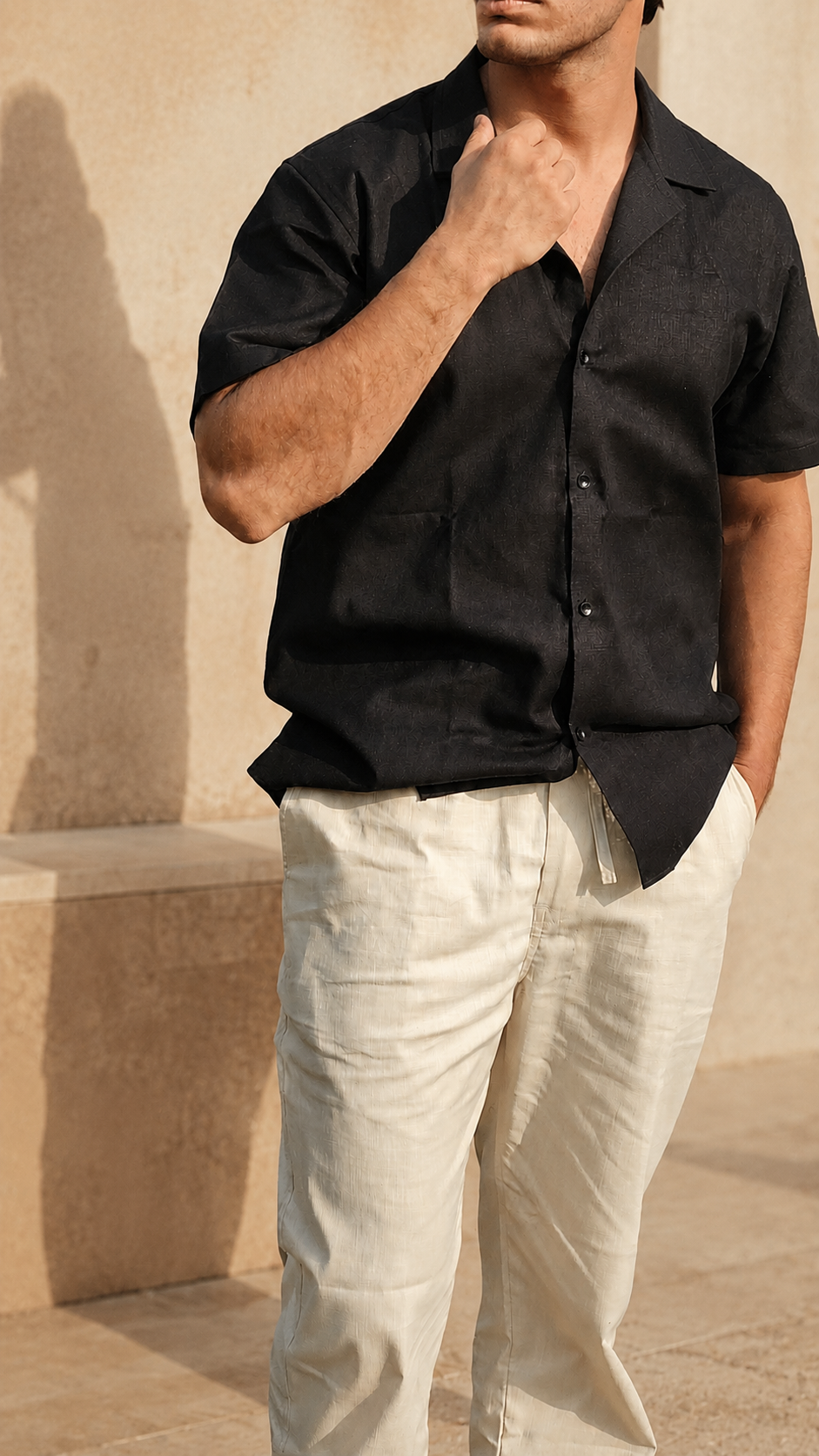 Cuban Collar Half Sleeve Men's Belgium Linen Black Shirt | Summer Wear