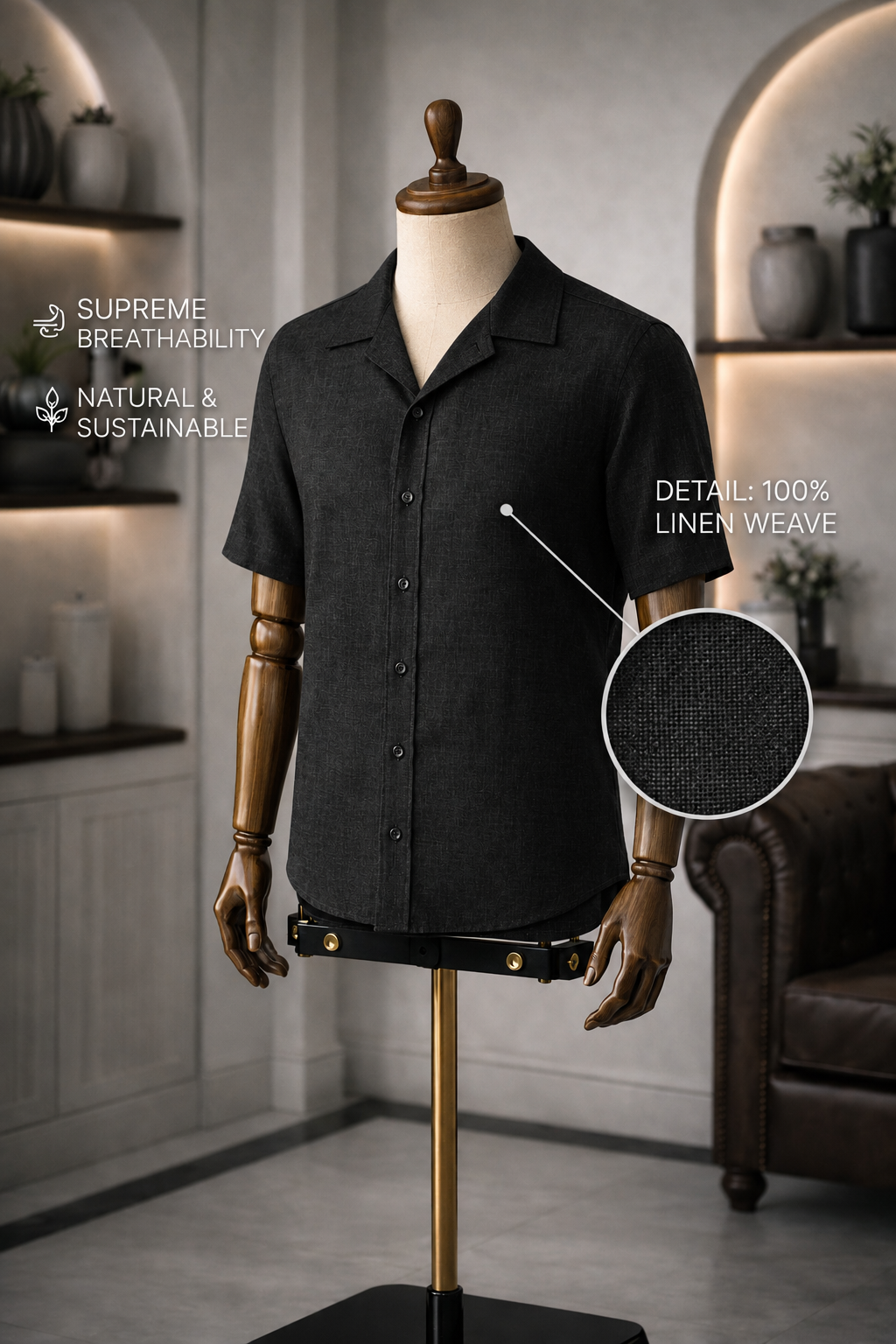 Cuban Collar Half Sleeve Men's Belgium Linen Black Shirt | Summer Wear