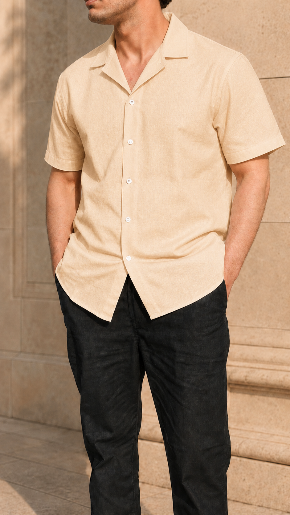 Cuban Collar Half Sleeve Men's Belgium Linen Khaki Shirt | Summer Wear