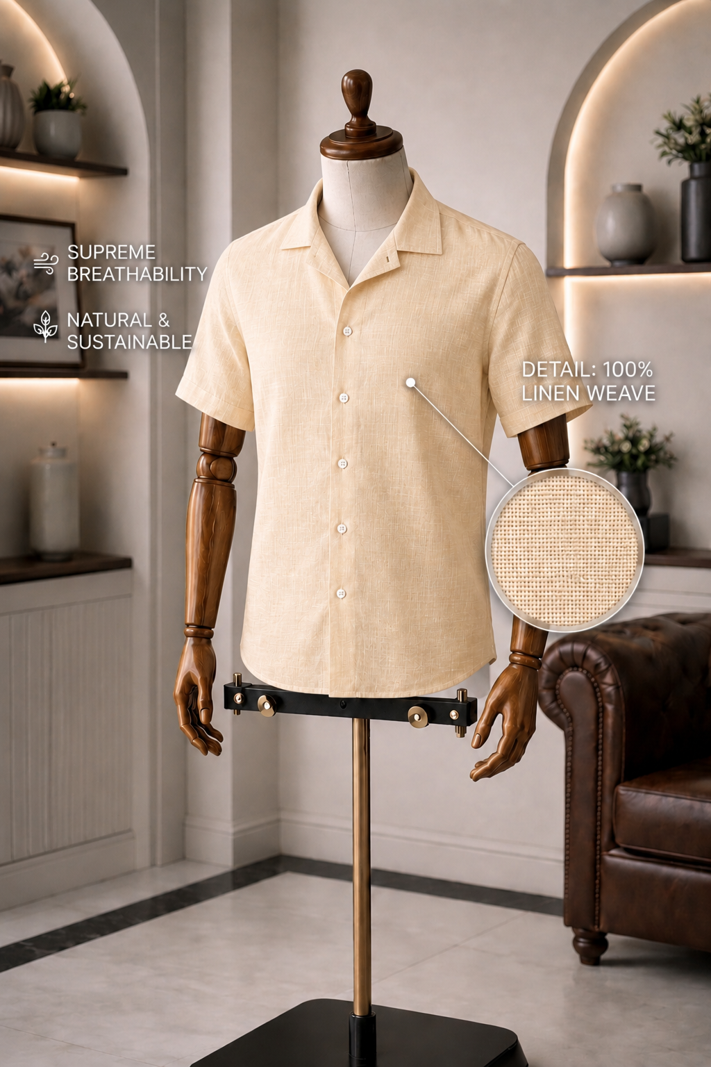Cuban Collar Half Sleeve Men's Belgium Linen Khaki Shirt | Summer Wear