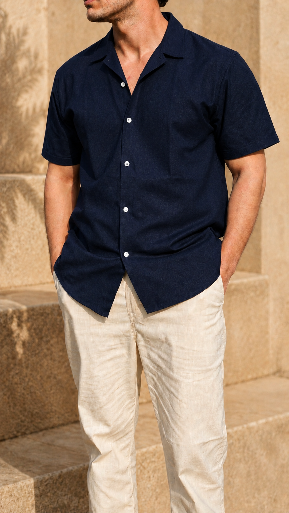 Cuban Collar Half Sleeve Men's Belgium Linen Navy Shirt | Summer Wear